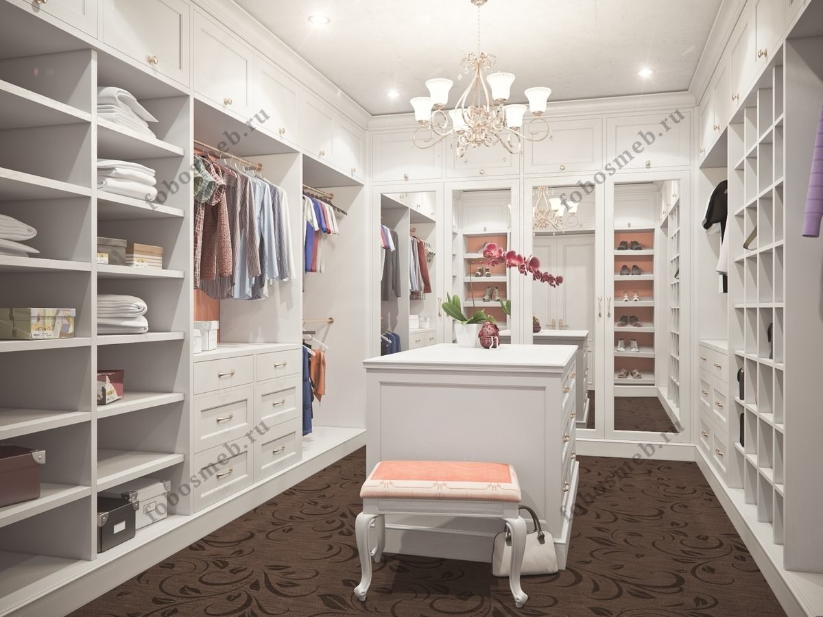 Огромная гардеробная комната в белом цвете